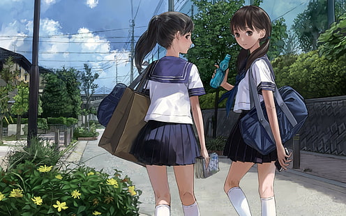 meninas anime, Kishida Mel, estudante, uniforme escolar, morena, uniforme de estudante, HD papel de parede HD wallpaper