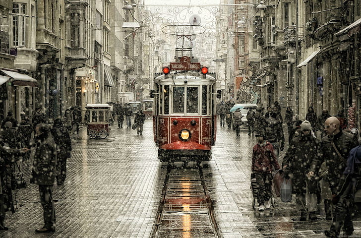 Istanbul trolley under the snow, red train, istanbul, trolley, snow, winter, city, world, HD wallpaper