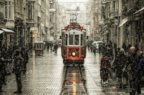 Istanbul trolley under the snow, red train, istanbul, trolley, snow, winter, city, world, HD wallpaper HD wallpaper