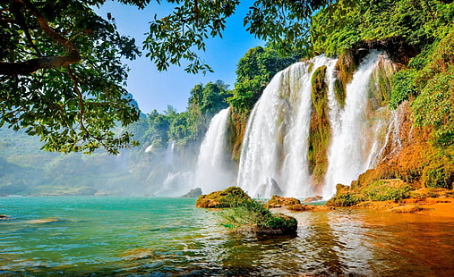 Водопади, водопад, езеро, природа, HD тапет HD wallpaper