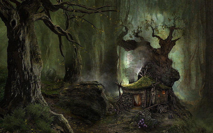 илюстрация на къща в гората, дигитално изкуство, фентъзи изкуство, природа, дървета, гора, къща, гъба, камък, скала, дърво, череп, мъгла, HD тапет