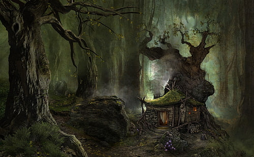 ilustrasi rumah di hutan, seni digital, seni fantasi, alam, pohon, hutan, rumah, jamur, batu, batu, kayu, tengkorak, kabut, Wallpaper HD HD wallpaper