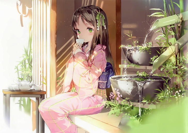 kimono, pakaian tradisional, gadis anime, teh, karakter asli, anime, Wallpaper HD