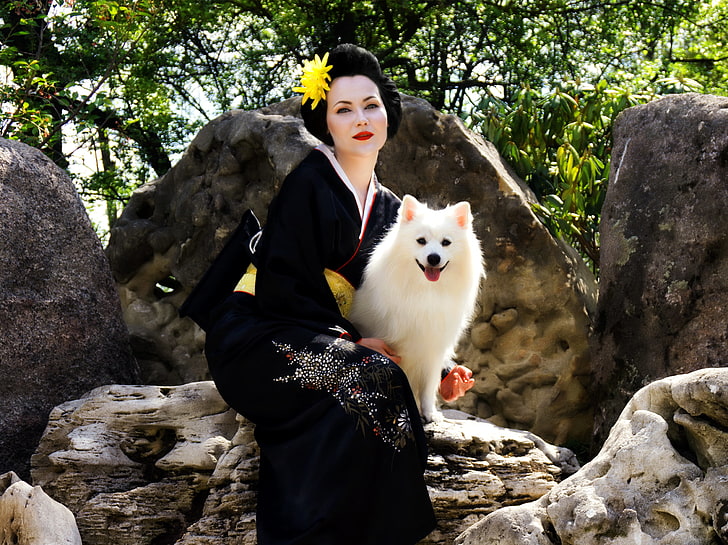 японски шпиц, бели кучета, кимоно, жени, гейши, природа, Япония, приятелство, HD тапет