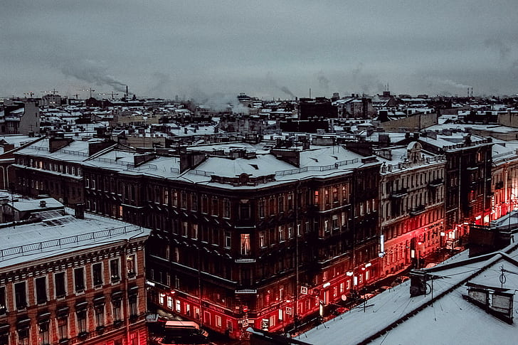 winter, snow, home, the evening, Peter, roof, Saint Petersburg, Russia, SPb, St. Petersburg, HD wallpaper