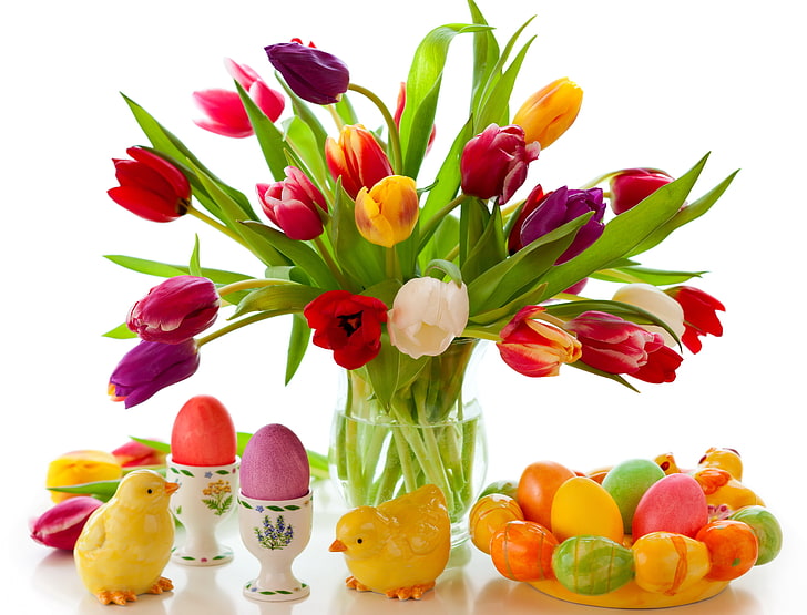 assorted flowers, flowers, eggs, spring, colorful, Easter, tulips, painted, HD wallpaper