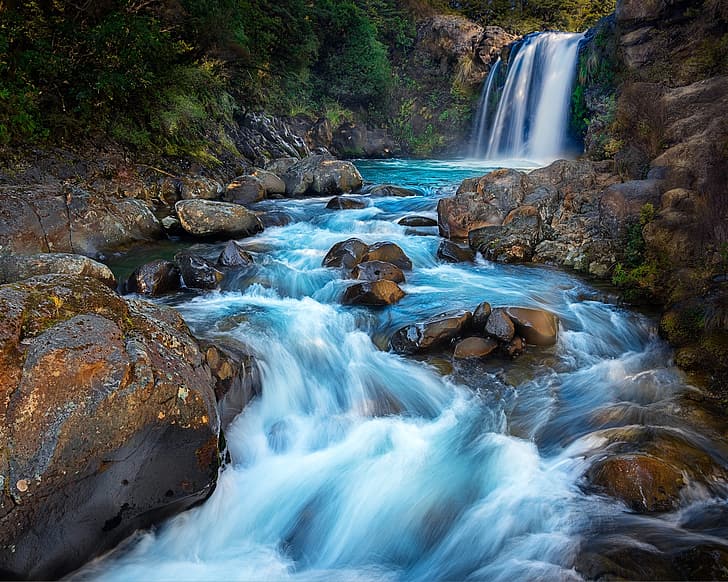river, stones, waterfall, New Zealand, Tawhai Falls, Tongariro National Park, HD wallpaper