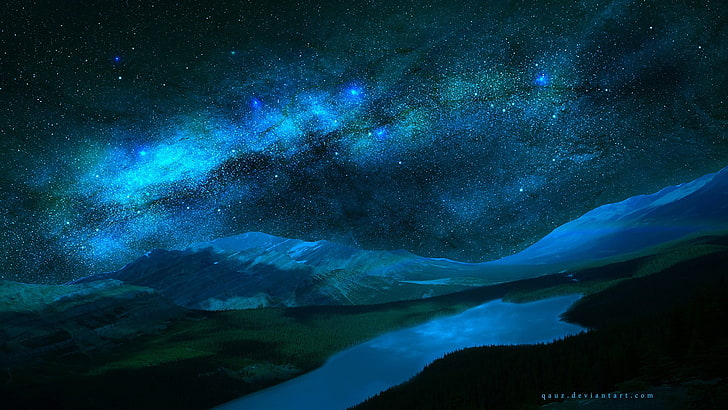 clusters of stars, nature, landscape, Milky Way, DeviantArt, lake, stars, HD wallpaper