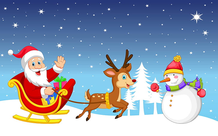 สุขสันต์วันคริสต์มาสมนุษย์หิมะซานตาคลอสเลื่อนกวางเรนเดียร์ของขวัญคริสต์มาสฤดูหนาววอลล์เปเปอร์ HD 1920 × 1200, วอลล์เปเปอร์ HD