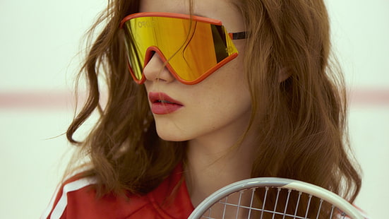 жени, модел, червено червило, брюнетка, очила, слънчеви очила, Oakley, HD тапет HD wallpaper