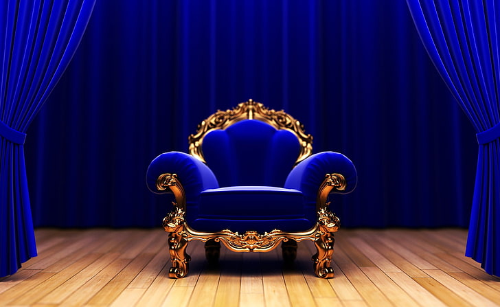 King Фотьойл, стол със синьо и златно крило, Архитектура, King, фотьойл, HD тапет
