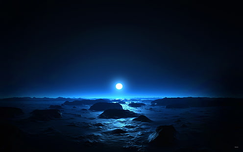 Mar e lua no meio da noite, lua, noite, HD papel de parede HD wallpaper