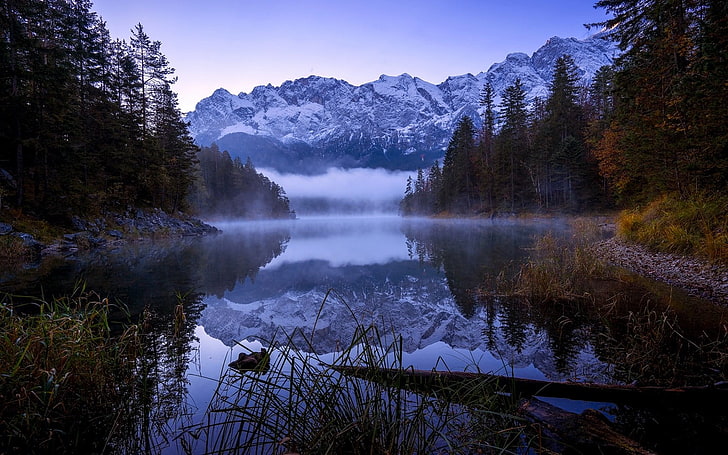 бяло и синьо абстрактна живопис, природа, пейзаж, гора, есен, сутрин, езеро, отражение, планини, снежен връх, дървета, храсти, Германия, HD тапет