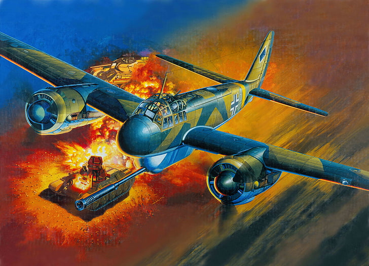 ilustracja niebieski i brązowy myśliwiec, niebo, ogień, wojna, broń, atak, sztuka, T-34, niemiecki, Junkers, radziecki, czołg średni, myśliwiec czołgowy, przeciwpancerny, Pak 40, Ju.88, P-1, Tapety HD