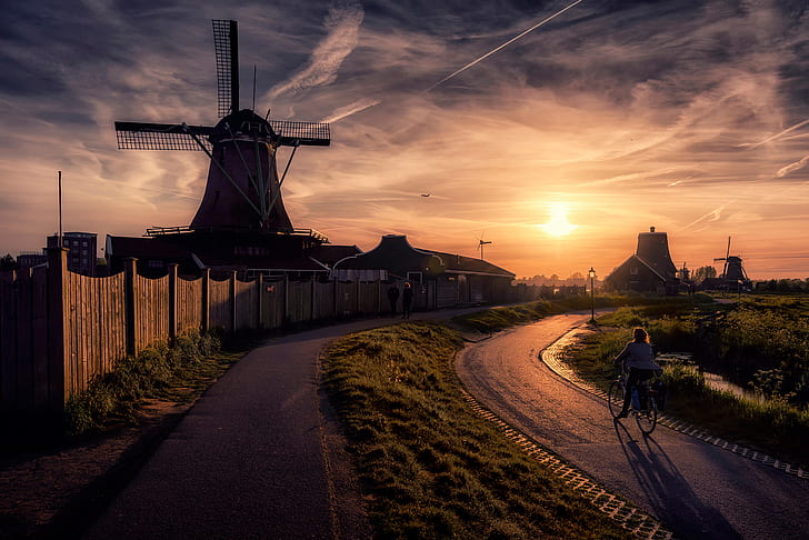the sun, street, mill, Netherlands, HD wallpaper