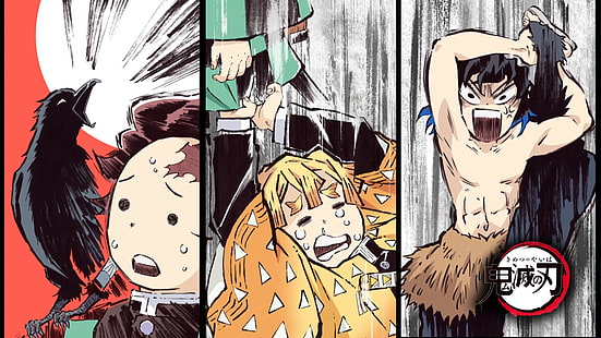Anime, Demon Slayer: Kimetsu no Yaiba, Inosuke Hashibira, Tanjirou Kamado, Zenitsu Agatsuma, Wallpaper HD HD wallpaper