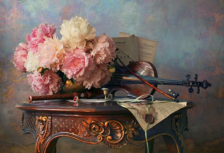 letter, flowers, style, notes, violin, still life, bow, peonies, the flute, Andrey Morozov, HD wallpaper