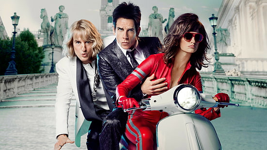 close up photograph of movie two man and one woman ride on motor scooter, Zoolander 2, Ben Stiller, Owen Wilson, best movies of 2016, HD wallpaper HD wallpaper