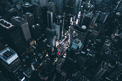 höghus byggnad, hög vinkel syn på stadens skyskrapa under natten, stadsbild, Time Square, fågelperspektiv, New York City, skyskrapa, HD tapet HD wallpaper