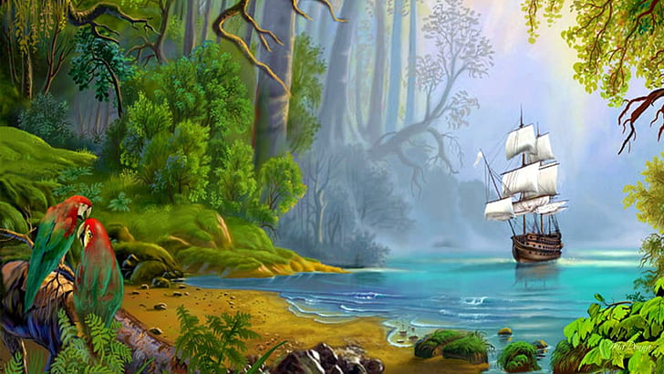 Isl Sail, illustration of galleon shop sailing on body of water across jungle with parrots, sailing ship, parrots, mist, tropical, tall ship, trees, beach, tropics, jungle, pirate, mystical, HD wallpaper