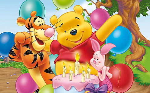 Winnie The Pooh Tigger Piglet Eeyore Celebration Of Birthday Birthday Cake Desktop Wallpaper Full Screen 1920×1200, HD wallpaper HD wallpaper