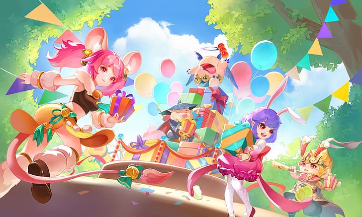 MuSi, Zeichnung, Anime-Mädchen, Schweine, bunt, Ballon, Geschenke, Partyballons, HD-Hintergrundbild