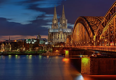 Cathédrale de Cologne, Allemagne, cathédrale de cologne, pont, lumières, lumière, la ville, Cologne, cathédrale de Cologne, extrait, Allemagne, le soir, Fond d'écran HD HD wallpaper