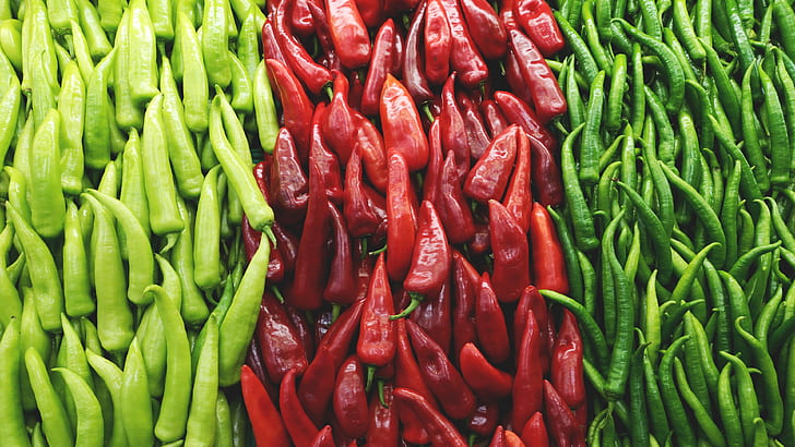 red, green, pepper, sharp, a handful, vegetables, a lot, types, hot pepper, varieties, cuts, HD wallpaper