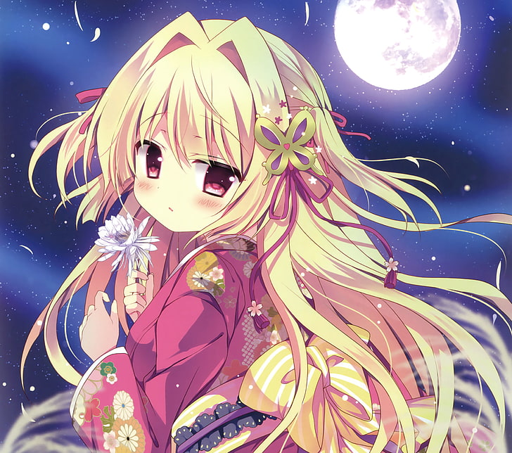 chica anime, moe, rubia, luna, kimono, expresión tímida, Anime, Fondo de pantalla HD
