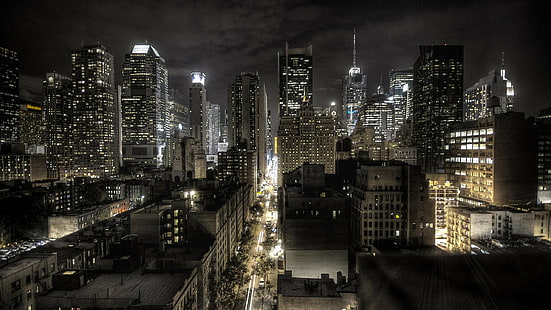 огни, город, ночь, нью-йорк, небоскреб, HD обои HD wallpaper