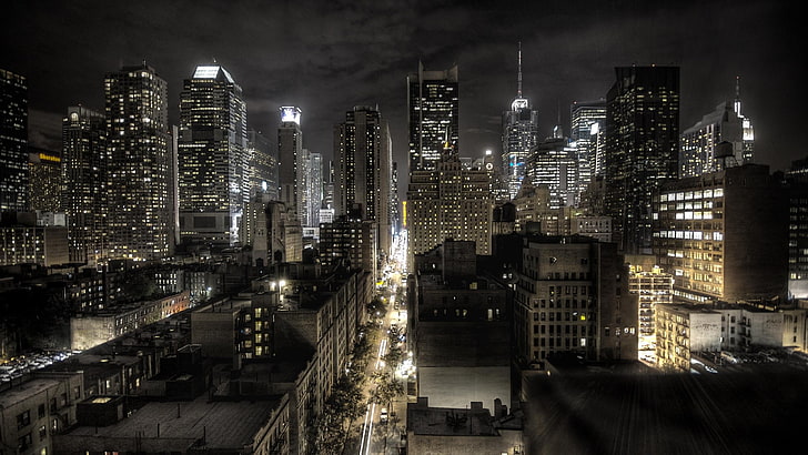 високи сгради, нощ, град, светлини, небостъргач, Ню Йорк, HD тапет