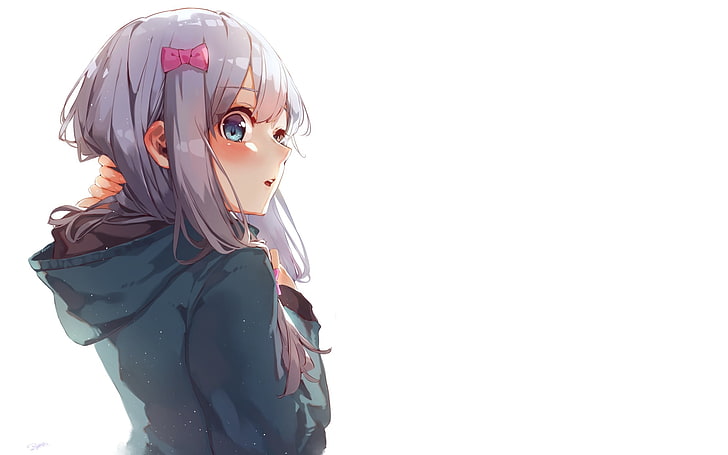 izumi sagiri, eromanga-sensei, hoodie, profile view, gray hair, ribbon, Anime, HD wallpaper