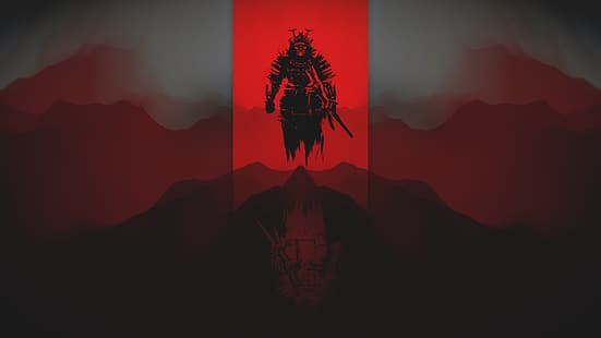 samuraj, abstrakcja, czerwień, obraz olejny, Tapety HD HD wallpaper