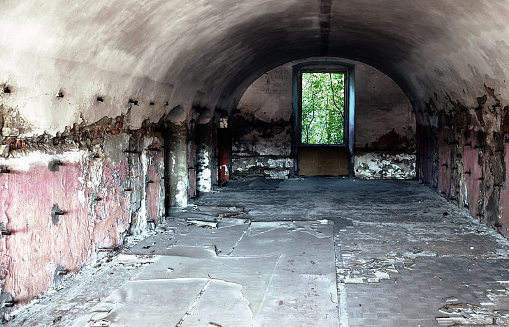 abandoned, room, trees, window, interior, photography, Slovakia, monastery, arch, ruin, tiles, bricks, HD wallpaper