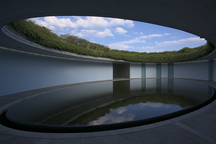 piscina inflable blanca y verde, arquitectura, moderno, edificio, nubes, agua, elipses, plantas, Japón, hotel, reflexión, hormigón, Fondo de pantalla HD