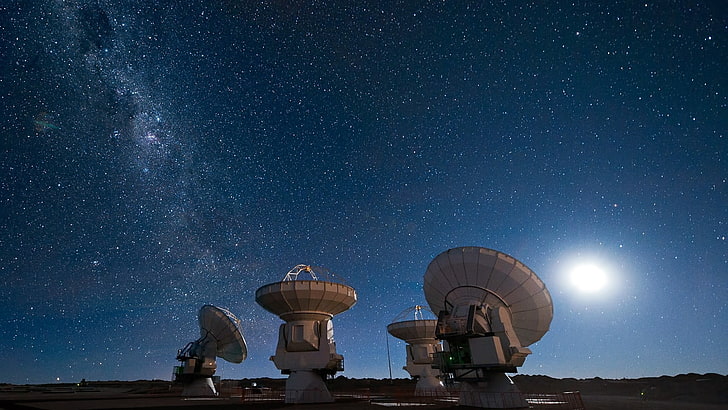 white satellite dish, stars, telescope, radio telescope, starry night, skyscape, sky, HD wallpaper