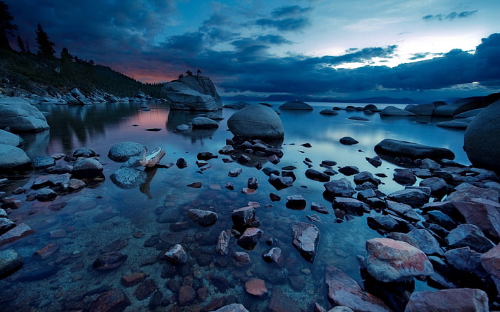 The Dark Lake Sunset, gray stones, Nature, Lake, sunset, dark, stones, HD wallpaper