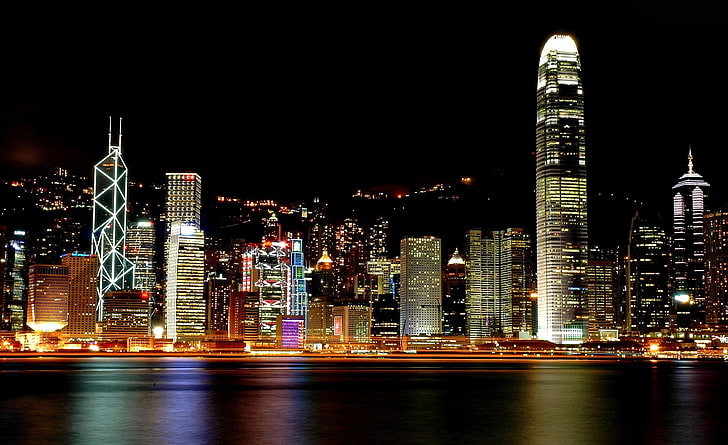 Hong Kong City, skyline in bianco e nero, Asia, Cina, Luci, Città, Notte, Fotografia, Hong Kong, Sfondo HD