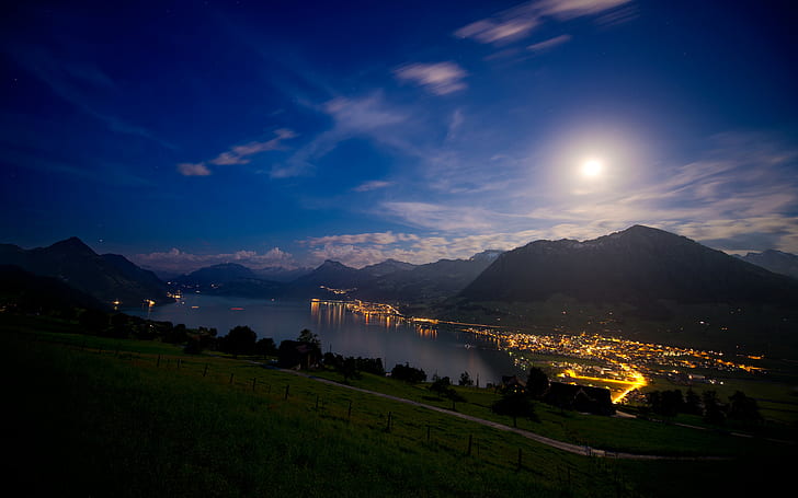 nature, landscape, lake, city, mountains, lights, Moon, sky, clouds, grass, Switzerland, stars, night, HD wallpaper