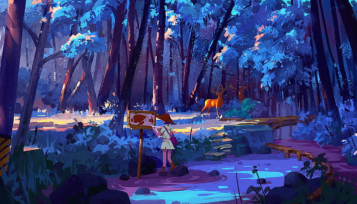 ciervo, azul, letrero, bosque, arte de fantasía, cuernos, luz solar, mujeres, mapa, Fondo de pantalla HD