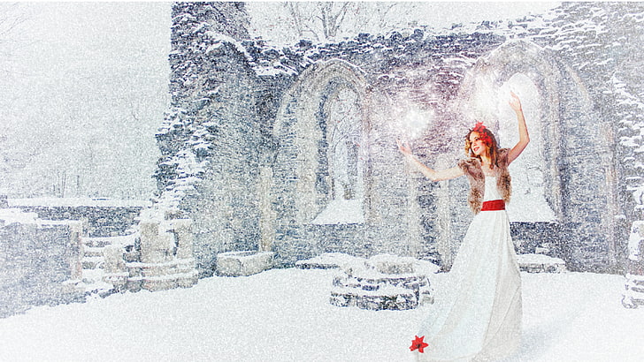 Gaun A-line putih dan merah wanita, musim dingin, putih, gadis, salju, kegembiraan, merah, suasana hati, liburan, tahun baru, tari, gaun, Wallpaper HD