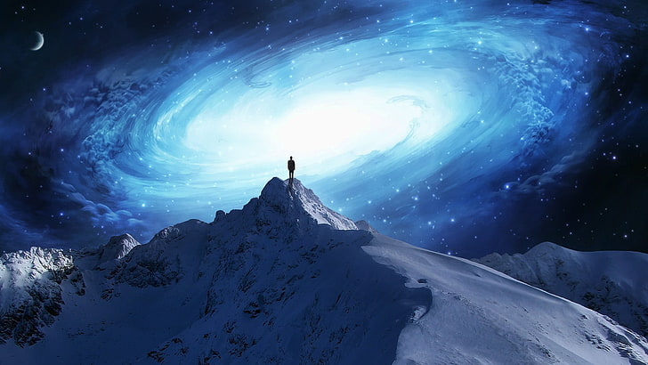 снежная гора, произведения искусства, фэнтези-арт, горы, галактика, мужчины, концепт-арт, звезды, небо, цифровое искусство, пейзаж, вселенная, Сага Одинокого себя, темная фантазия, космическое искусство, пространство, ночь, снег, синий, голубой, HD обои