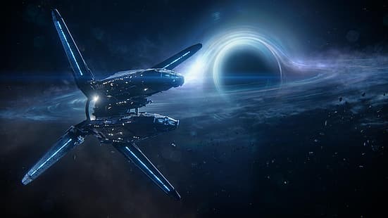 hyperion, arche, Mass Effect, Andromeda, Mass Effect: Andromeda, espace, trous noirs, galaxie, science-fiction, vaisseau spatial, sombre, lumière bleue, étoiles, jeux vidéo, Fond d'écran HD HD wallpaper