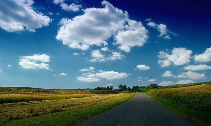 landscape photo of pathway between green grass field, Road Less Traveled, landscape, photo, pathway, green grass, grass field, Pennsylvania, Columbia County, Main Township, Township  road, clouds, cumulus, shadows, rural, low light, creative commons, nature, rural Scene, blue, summer, sky, cloud - Sky, road, outdoors, field, meadow, agriculture, grass, scenics, tree, green Color, non-Urban Scene, farm, HD wallpaper