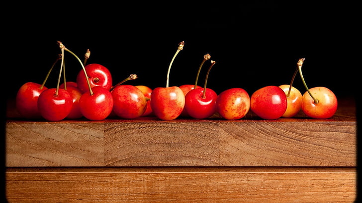 frutas, cerejas (alimentos), alimentos, superfície de madeira, HD papel de parede