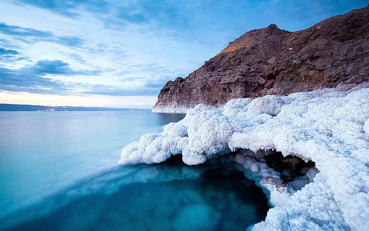 Dead sea coast, white salt, blue sea, Dead, Sea, Coast, White, Salt, Blue, HD wallpaper
