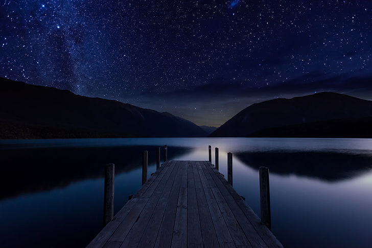 brown wooden dock, the sky, stars, night, lake, Marina, HD wallpaper