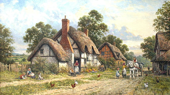 Sazdan evler, vagon, şerit, at, köy, sazdan, evler, tavuk, İngiltere, kırsal, resim, HD masaüstü duvar kağıdı HD wallpaper