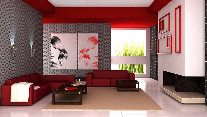 pintura blanca, negra y roja de 2 paneles, muebles, sala, diseño, interior, moderno, Fondo de pantalla HD
