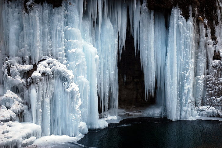 น้ำตกน้ำแข็งทะเลสาบน้ำแข็งเย็นธรรมชาติแม่น้ำทะเลสาบน้ำแข็ง, วอลล์เปเปอร์ HD